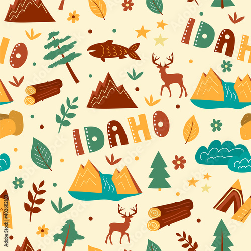 USA collection. Vector illustration of Idaho theme. State Symbols - seamless pattern
