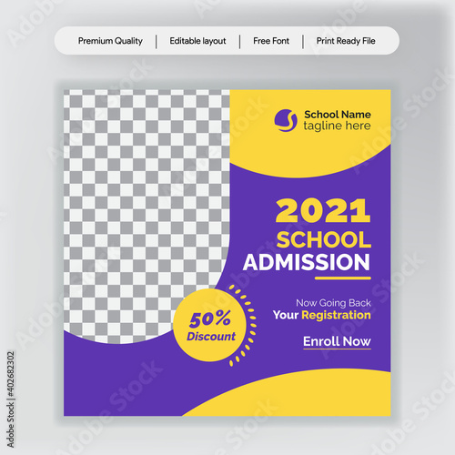 School Students Admission social media post, promotional discount Back to school admission social media post banner template Design.Back to School admission by social media Instagram,Facebook post kit