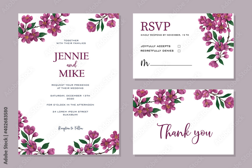 Watercolor wedding invitation with rose, peony , anemone, and various beautiful flower and leaf arrangement. Handdrawn vector watercolor style.