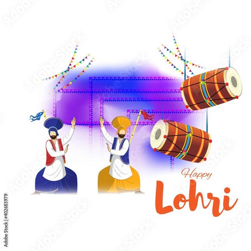 Vector illustration of Happy Lohri celebration concept banner, people dancing and celebrating with drum, Punjabi festival. photo