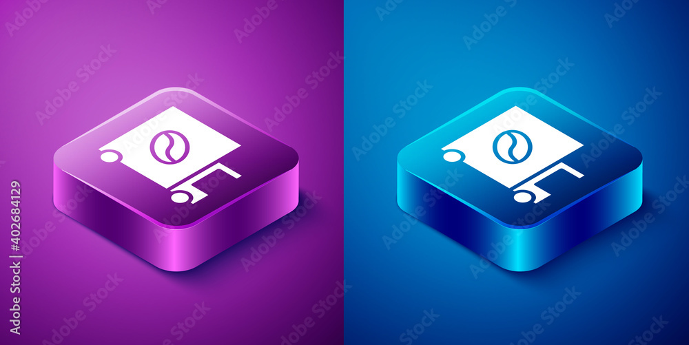 Isometric Coffee street truck machine icon isolated on blue and purple background. Delivery coffee. Square button. Vector Illustration. Isometric Coffee street truck machine icon isolated on blue and purple background. Delivery coffee. Square button. Vector Illustration.