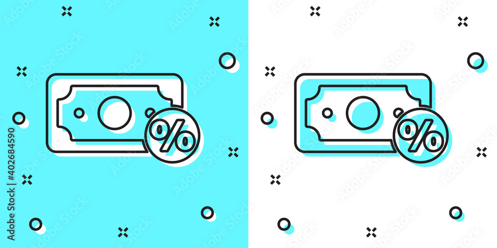 Black line Money percent icon isolated on green and white background. Percent loyalty wallet sign. Random dynamic shapes. Vector Illustration. Black line Money percent icon isolated on green and white background. Percent loyalty wallet sign. Random dynamic shapes. Vector Illustration.