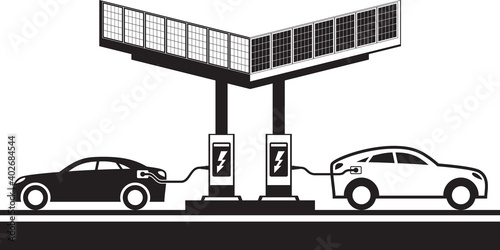 Electric vehicles at charging station with solar panels – vector illustration