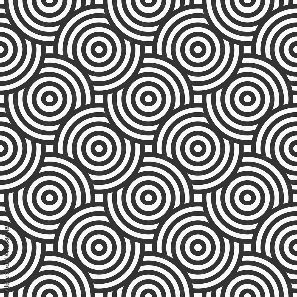 Abstract seamless pattern. Concentric circles. Intersecting repeating circles background. Overlaping circles. Stylish texture. Repeating geometric tiles. Flat design. Vector monochrome background.