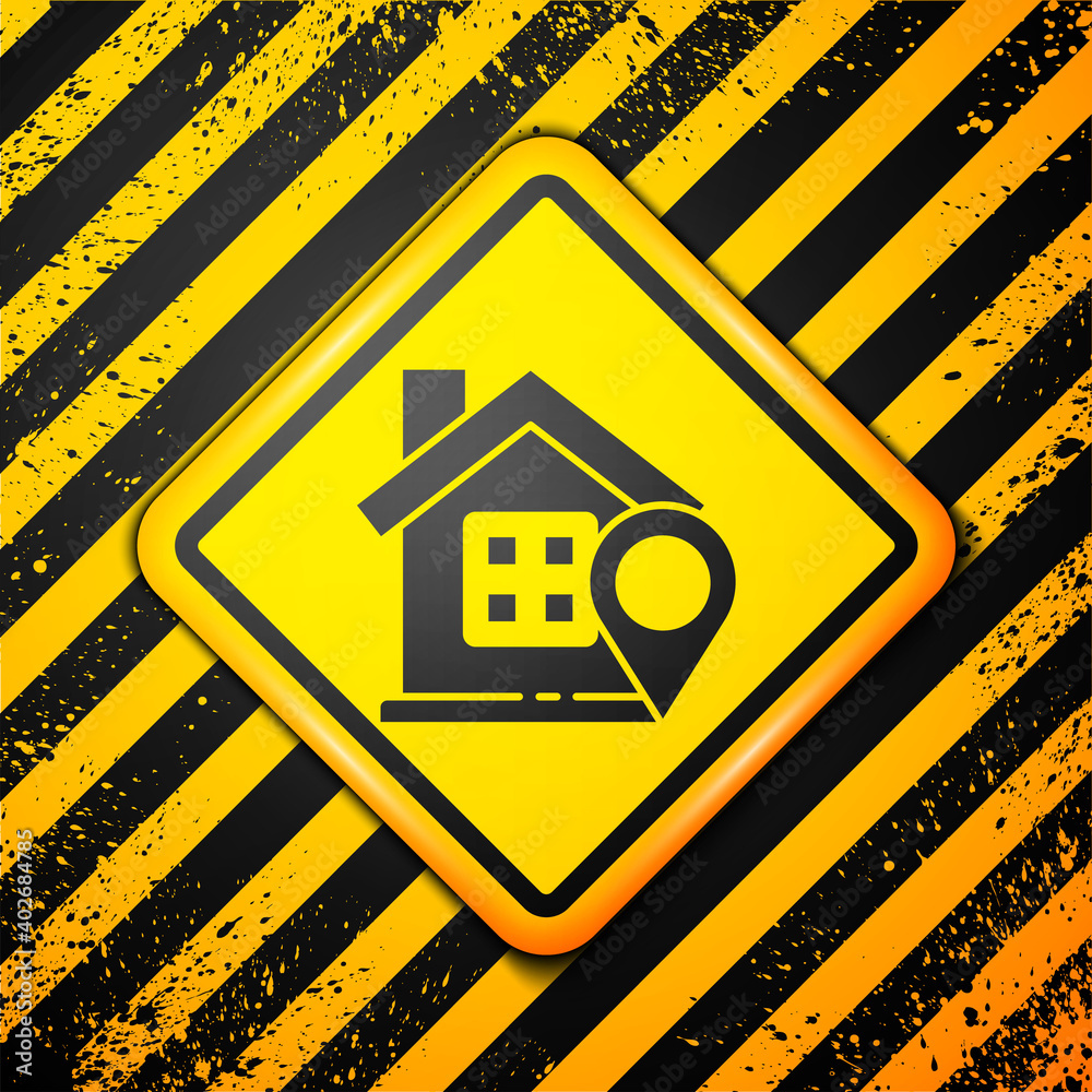 Black Map pointer with house icon isolated on yellow background. Home location marker symbol. Warning sign. Vector Illustration. Black Map pointer with house icon isolated on yellow background. Home location marker symbol. Warning sign. Vector Illustration.