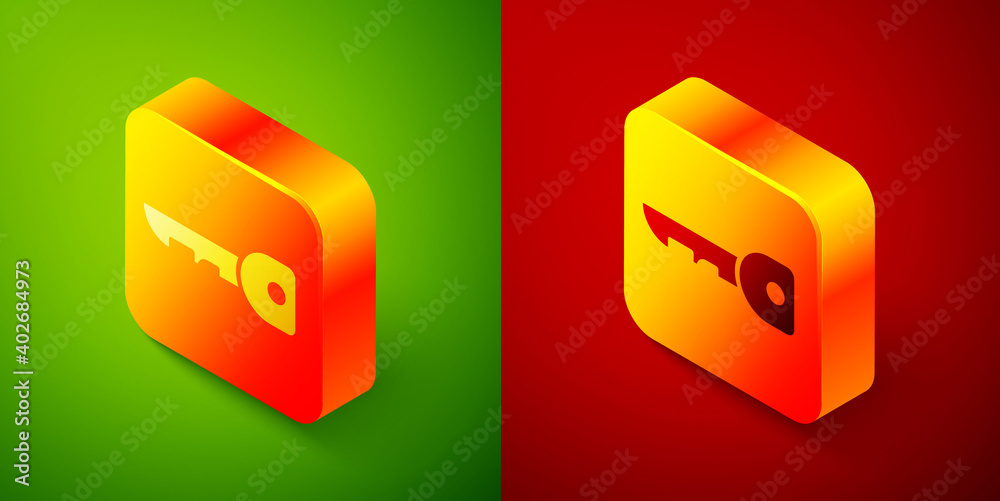 Isometric Key icon isolated on green and red background. Square button. Vector Illustration.