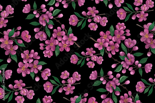 Seamless floral pattern with flowers Anemone in vintage watercolor style and decor of golden texture. Vector illustration on white background.