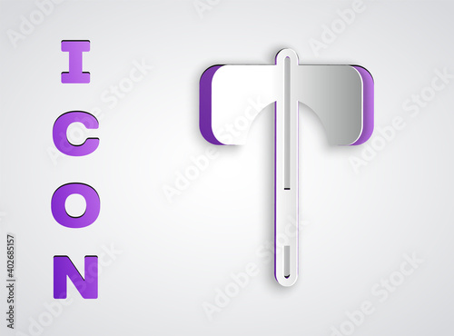Paper cut Medieval axe icon isolated on grey background. Battle axe, executioner axe. Medieval weapon. Paper art style. Vector.