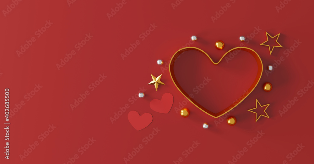 happy valentine's day concept. heart shape gift box on red background. space for text. flat lay. top view. 3D illustration