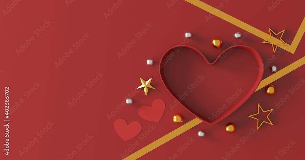 happy valentine's day concept. heart shape gift box on red background. space for text. flat lay. top view. 3D illustration happy valentine's day concept. heart shape gift box on red background. space for text. flat lay. top view. 3D illustration