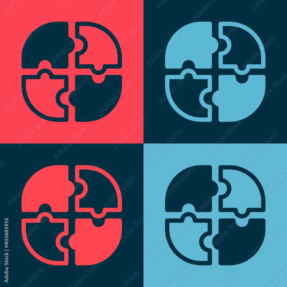 Pop art Piece of puzzle icon isolated on color background. Business, marketing, finance, template, layout, infographics, internet concept. Vector. Pop art Piece of puzzle icon isolated on color background. Business, marketing, finance, template, layout, infographics, internet concept. Vector.