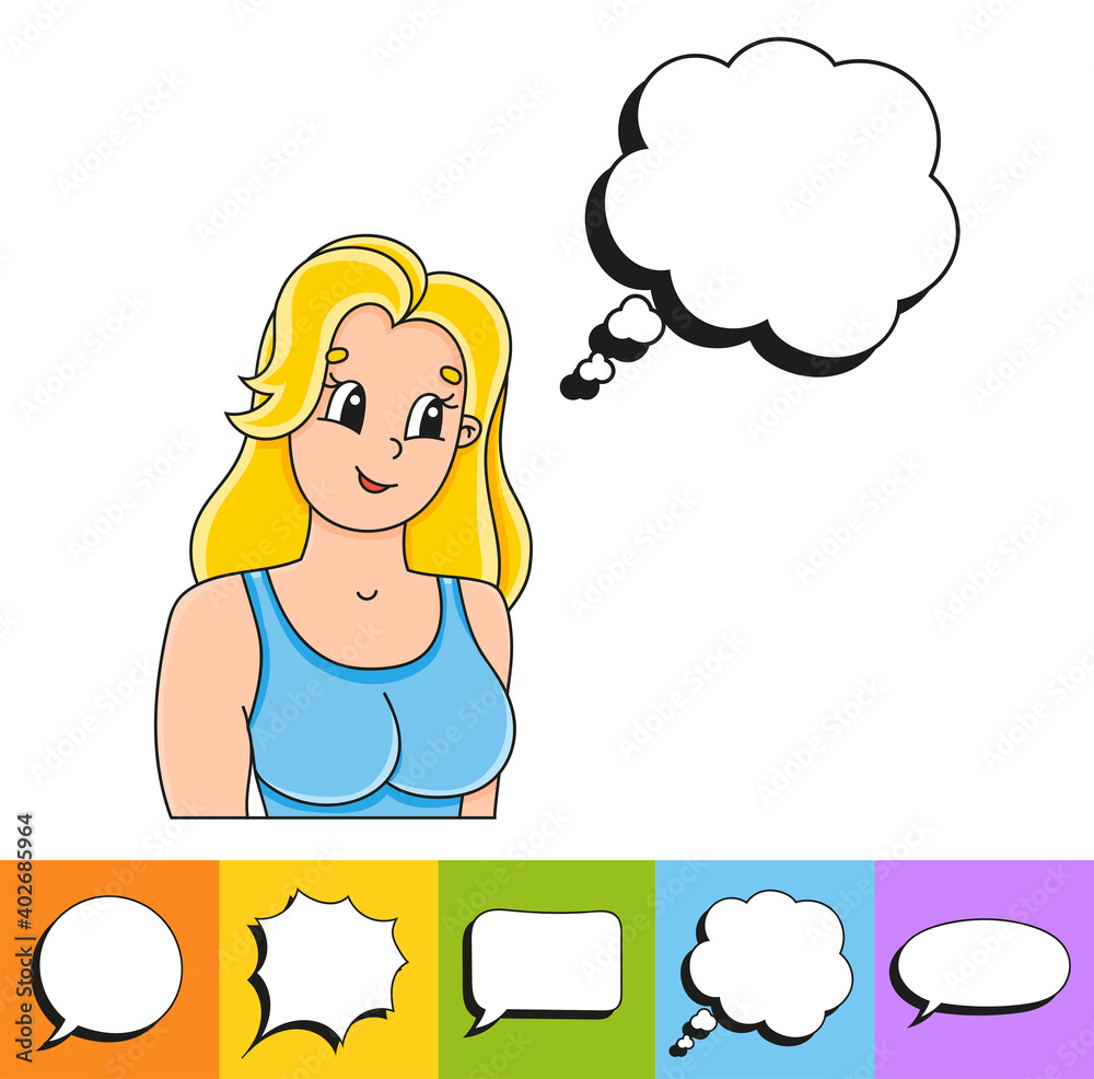 Set of speech bubbles of different shapes. With a cute cartoon character. Hand drawn. Thinking balloons. Vector illustration isolated on white background. Comic doodle style. Set of speech bubbles of different shapes. With a cute cartoon character. Hand drawn. Thinking balloons. Vector illustration isolated on white background. Comic doodle style.
