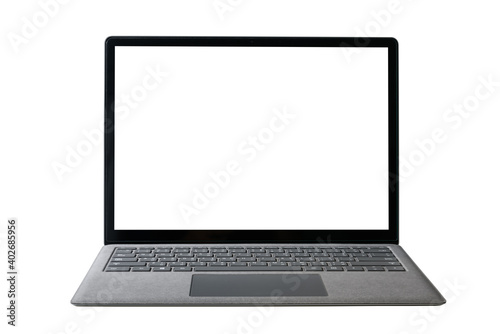 Close-up top view of laptop in platinum silver color on white background