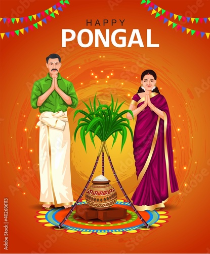 Happy Pongal celebration with sugarcane, Rangoli and pot of rice. Tamil family offering prayers. Indian cultural festival celebration concept illustration vector design.