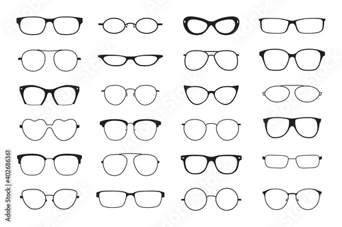 Glasses silhouette. Hipster geek optic retro frames. Black plastic silhouettes. Vintage and contemporary eyewear, vector old and modern fashion eyeglasses illustration isolated on white background