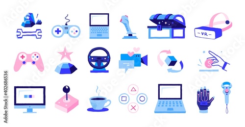Gaming icons. Cartoon electronic devices. Isolated outline computers and gamepad, modern joystick controller or VR glasses. Minimalist signs of gamers accessories and equipment, vector flat set