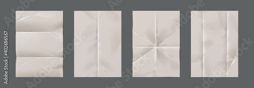 Wrinkled paper. Realistic blank pages with crumpled effect. Isolated unfilled straightened notepad sheets with copy space for writing. Empty documents with horizontal and vertical trifold, vector set