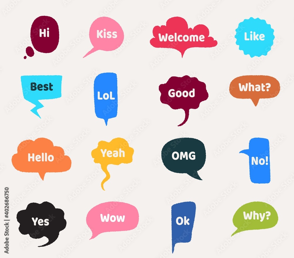 Speech bubbles. Cartoon clouds with interrogative and greeting short phrases. Cute frames with words of agreement and disagreement. Colorful stickers with lettering. Vector verbal emotions expression