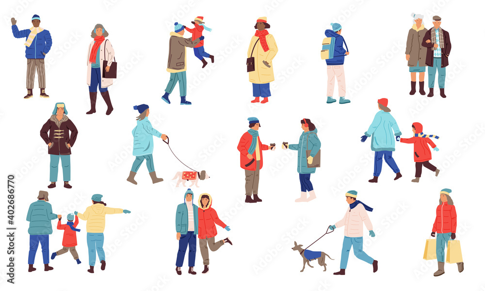 Winter people. Cartoon men and women wear casual warm clothes. Isolated young or senior persons walking with dogs and children. Outdoor friends meeting. Cold season activities, vector modern flat set