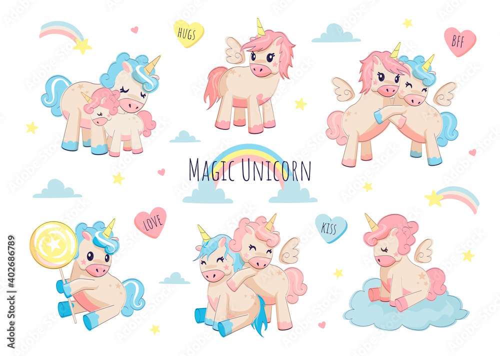 Cute unicorn. Adorable character for kids birthday card, cartoon funny baby unicorns with rainbows clouds and stars in different poses. Vector happy fairy tale Pegasus horses in pastel colors set Cute unicorn. Adorable character for kids birthday card, cartoon funny baby unicorns with rainbows clouds and stars in different poses. Vector happy fairy tale Pegasus horses in pastel colors set