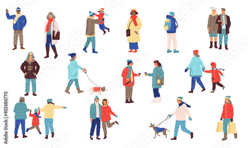 Winter people. Cartoon men and women wear casual warm clothes. Isolated young or senior persons walking with dogs and children. Outdoor friends meeting. Cold season activities, vector modern flat set