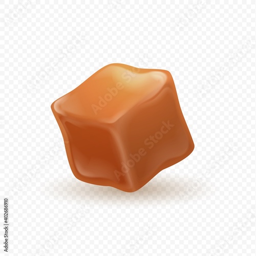 Realistic caramel. 3D milk toffee cube. Isolated confectionery, sweet ingredient. Square shaped candy on transparent background. Taste of topping. Unhealthy food, sugary meal, vector illustration