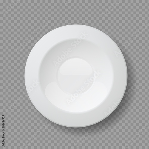 Realistic food plates. 3D white empty dish. Classic tableware on transparent background. Top view of porcelain utensil. Ceramic round bowl for cafe and restaurant or home. Vector household kitchenware