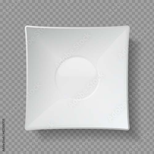 Realistic food plates. 3D empty utensil. Isolated ceramic and porcelain tableware or plastic disposable dish. Top view of household kitchenware. Vector white square crockery on transparent background