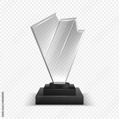 Transparent trophies. Realistic 3D championship award. Blank glass crystal reward with copy space. Modern isolated winner prize for creative and scientific competitions or sport games, vector template
