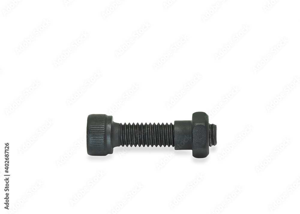 Black Screw bolt with nut isolated on white background with clipping paths. Black Screw bolt with nut isolated on white background with clipping paths.