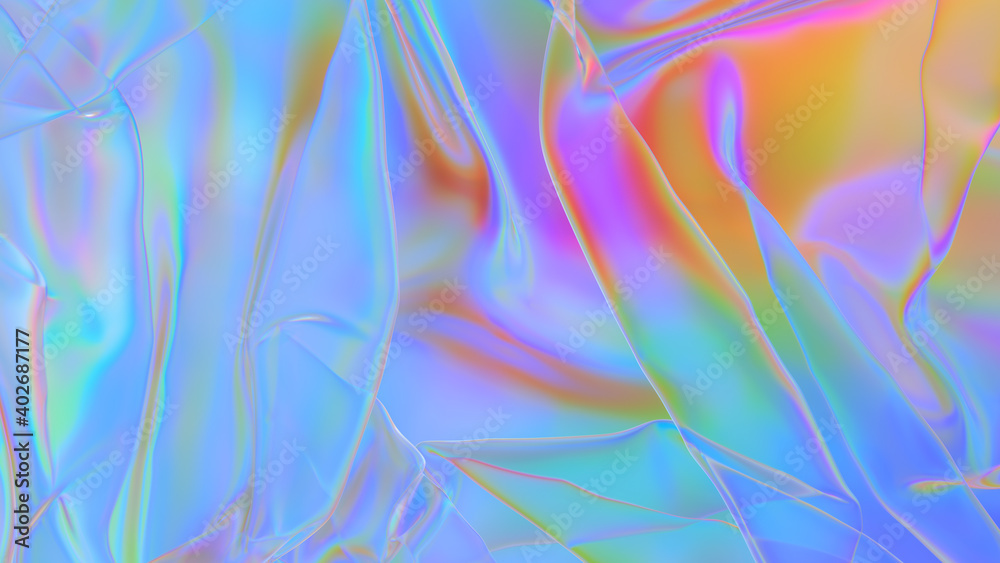 Polyethylene. Transparent Rainbow Plastic or Glass. Holographic Rainbow foil. Neon background. Abstract  3D rendering