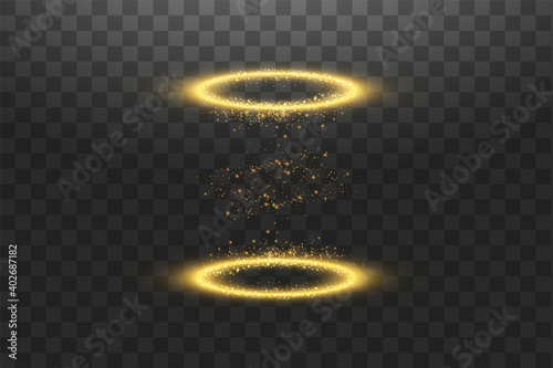 Futuristic teleport. Magic fantasy portal. Light effect. Golden Candles rays of a night scene with sparks on a transparent background. Empty light effect of the podium. Disco club dancefloor.