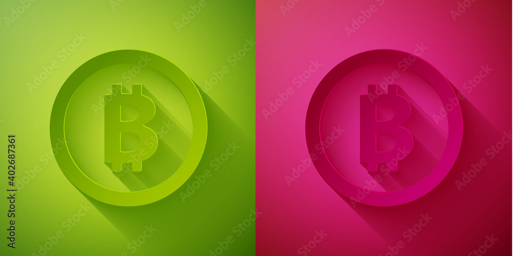 Paper cut Cryptocurrency coin Bitcoin icon isolated on green and pink background. Physical bit coin. Blockchain based secure crypto currency. Paper art style. Vector. Paper cut Cryptocurrency coin Bitcoin icon isolated on green and pink background. Physical bit coin. Blockchain based secure crypto currency. Paper art style. Vector.