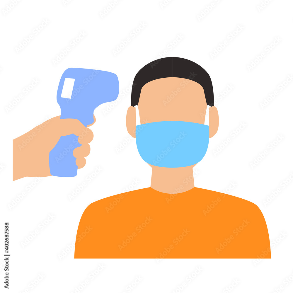 A device for measuring temperature aimed at a person in a mask.  Anti-covid poster.  Isolated on white background there is a place for an inscription