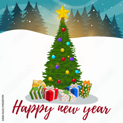 Background with an elegant Christmas tree and gifts under it. The inscription from the bottom of the Happy New Year. Winter background with a Christmas tree in the forest. Good New Year spirit