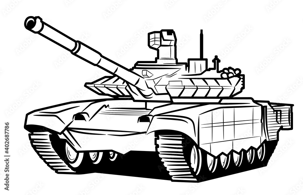 A huge tank with a raised muzzle. Isolated on a white background. Tank illustration for coloring.Illustration in ink hand drawn style. A huge tank with a raised muzzle. Isolated on a white background. Tank illustration for coloring.Illustration in ink hand drawn style.