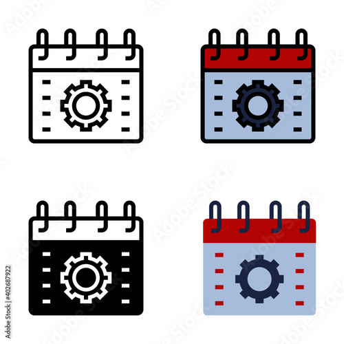 Gear Settings Calendar Icon Set with Outline, Filled Outline, Flat and Glyph