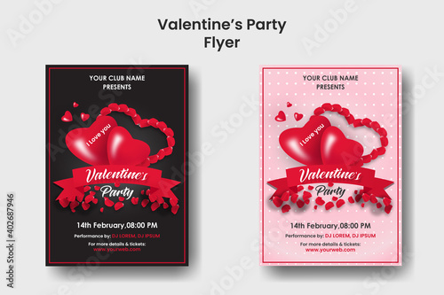 valentines day party flyer with balloon shapes  heart.2 sets of flyers, posters.