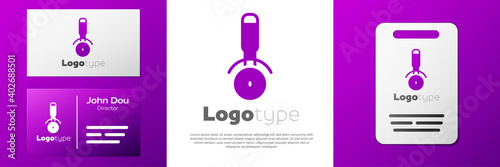 Logotype Pizza knife icon isolated on white background. Pizza cutter sign. Steel kitchenware equipment. Logo design template element. Vector.