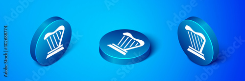 Isometric Harp icon isolated on blue background. Classical music instrument, orhestra string acoustic element. Blue circle button. Vector.