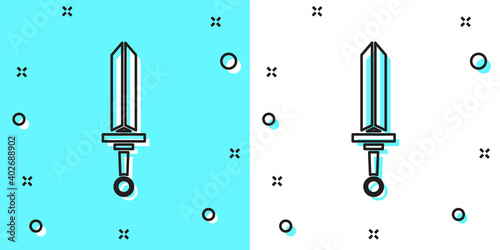 Black line Medieval sword icon isolated on green and white background. Medieval weapon. Random dynamic shapes. Vector.