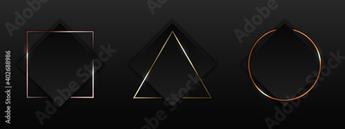 Set of black square with geometric border gold, pink gold, copper metallic frame badge on dark background luxury style