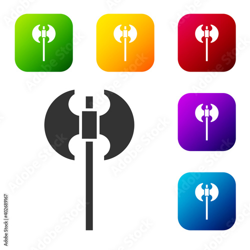 Black Medieval axe icon isolated on white background. Battle axe, executioner axe. Medieval weapon. Set icons in color square buttons. Vector.