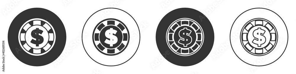 Black Casino chip with dollar symbol icon isolated on white background. Casino gambling. Circle button. Vector. Black Casino chip with dollar symbol icon isolated on white background. Casino gambling. Circle button. Vector.