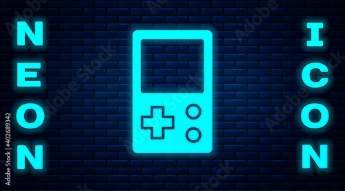 Glowing neon Portable tetris electronic game icon isolated on brick wall background. Vintage style pocket brick game. Interactive playing device. Vector.