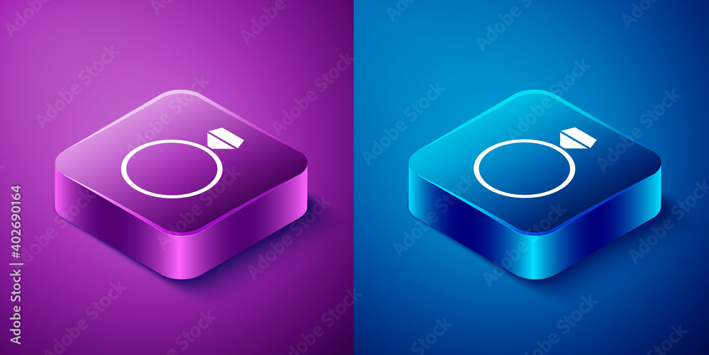 Isometric Diamond engagement ring icon isolated on blue and purple background. Square button. Vector. Isometric Diamond engagement ring icon isolated on blue and purple background. Square button. Vector.