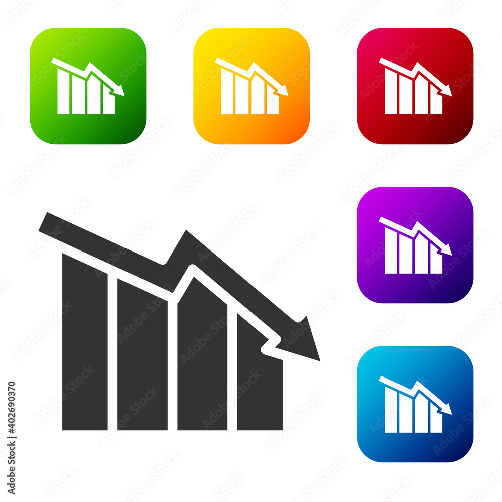 Black Financial growth decrease icon isolated on white background. Increasing revenue. Set icons in color square buttons. Vector. Black Financial growth decrease icon isolated on white background. Increasing revenue. Set icons in color square buttons. Vector.