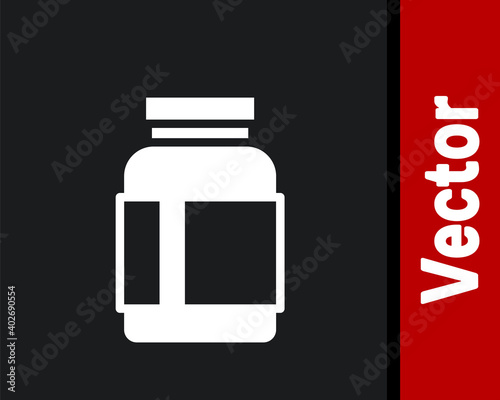White Sports nutrition bodybuilding proteine power drink and food icon isolated on black background. Vector.