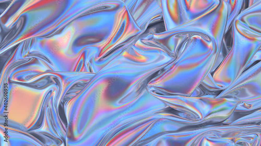 Abstract 3d rendering. Digital fabric. Sci-fi background. Holographic neon foil. Rainbow reflection.