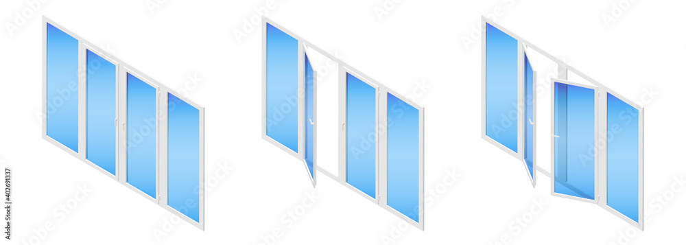 Fototapeta premium Set of isometric vector illustrations metal plastic PVC balcony doors or windows isolated on white background. Set of opened and closed glass balcony doors icons in flat cartoon style. Energy Saving.